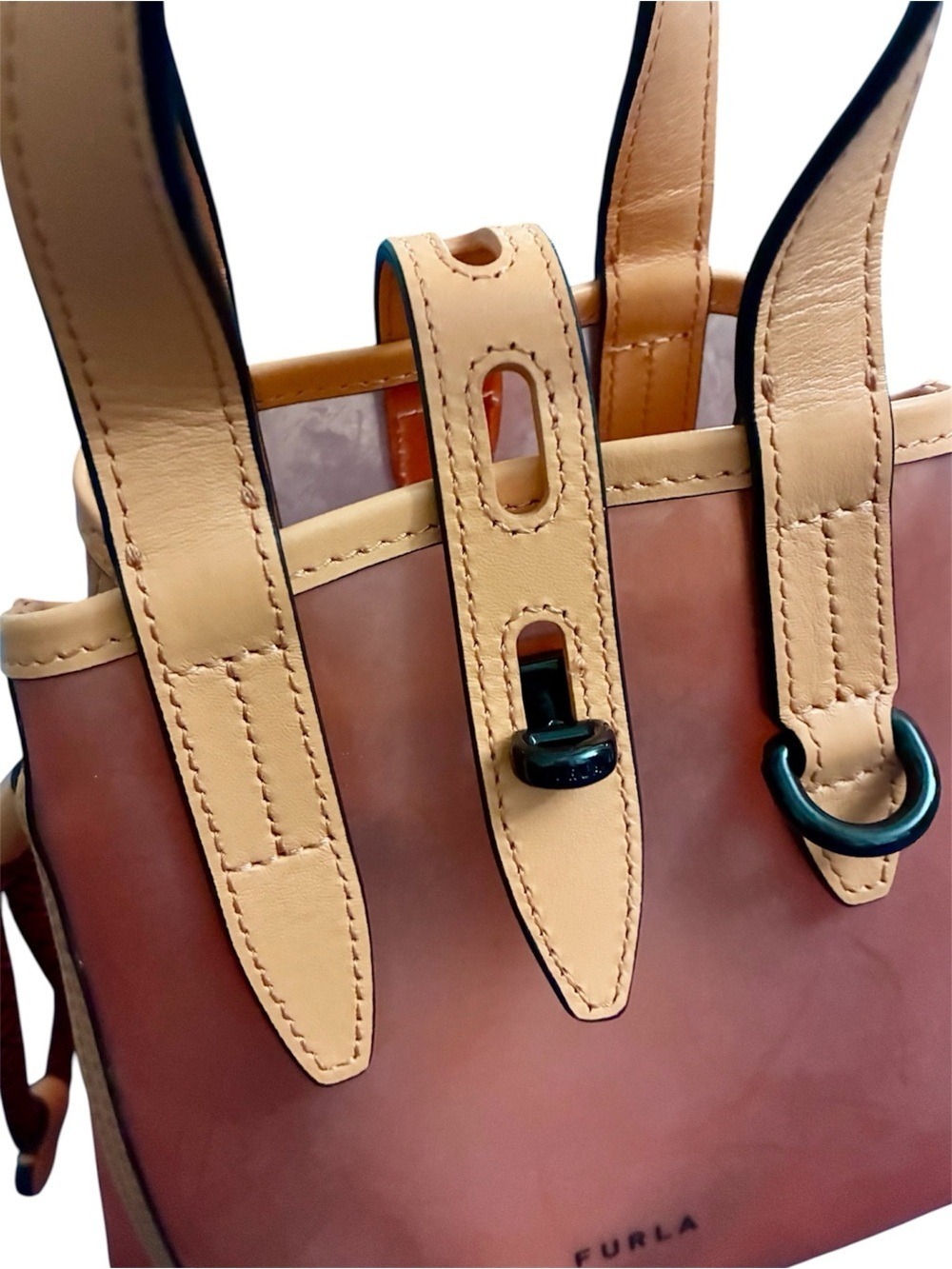 Furla Digizia Pink Jelly Tote Handbag Leather Trim Two Tone Cord Drawstring MINI - Picture 6 of 13